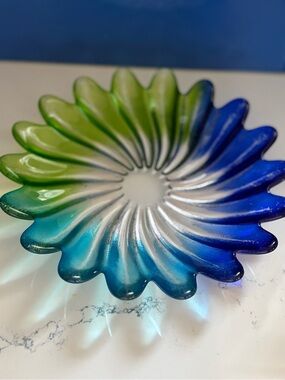 Walther glass Handblown germany Decorative Bowl blue and green Solaris swirl